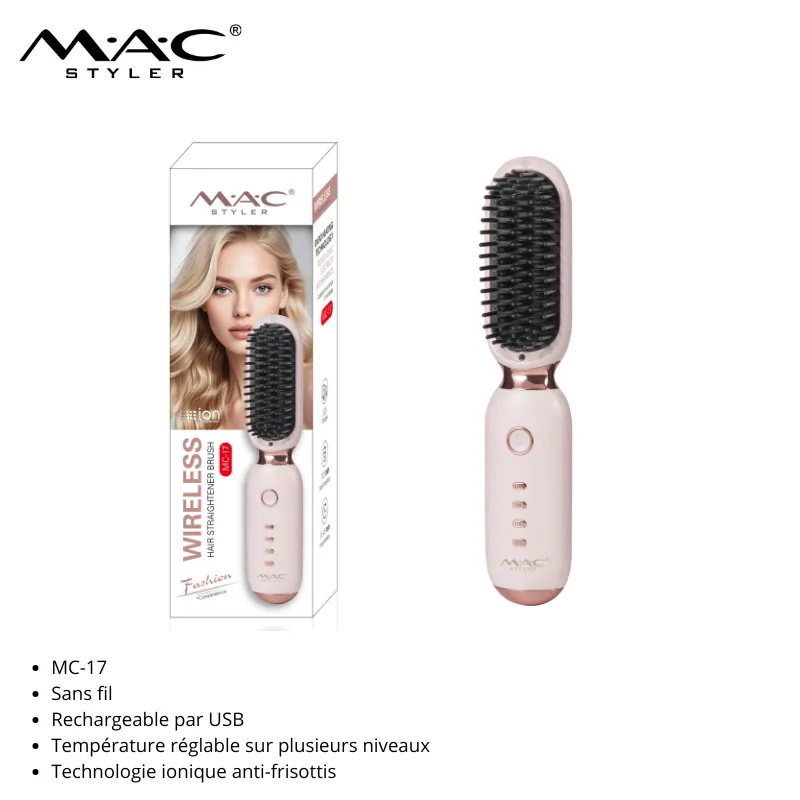 Brosse Lissante Sans Fil Rechargeable MC-17 – Technologie Ionique et Chauffage Rapide