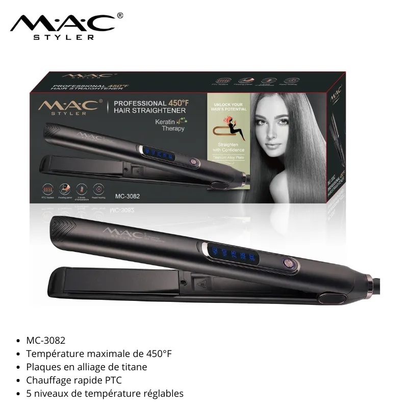 Lisseur Professionnel M·A·C Styler MC-3082 – 450°F avec Plaques en Alliage de Titane et Technologie PTC