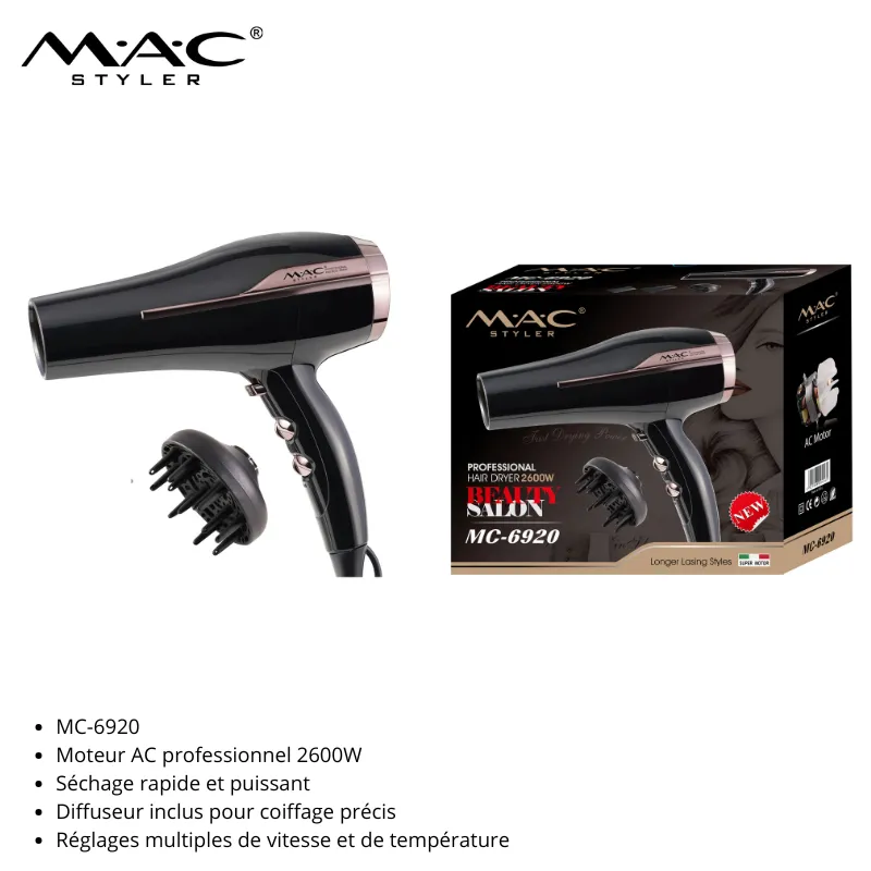 Sèche-cheveux professionnel 2600W MC-6920 avec moteur AC puissant