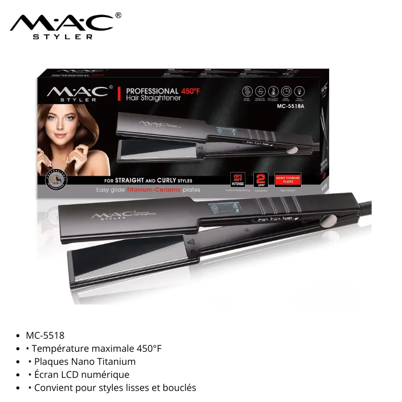 Lisseur Professionnel MAC Styler MC-5518A – Plaques Nano Titanium, 450°F